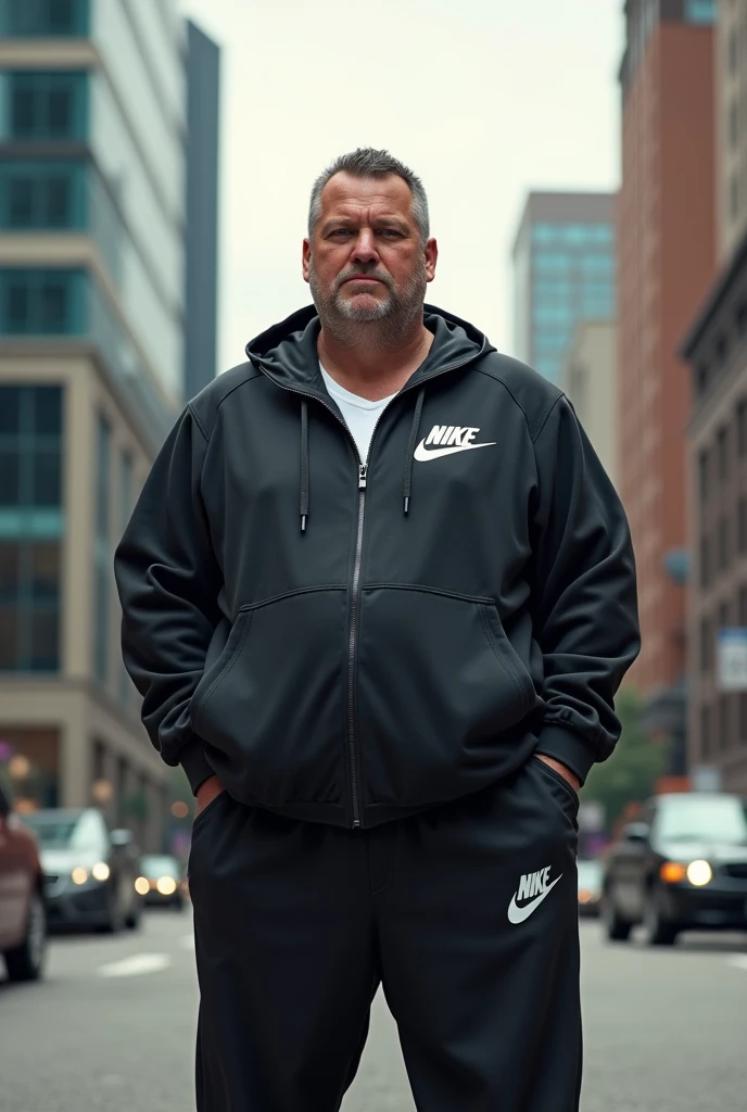 imagine a fat american bussines man with a sport outfit branded with nike