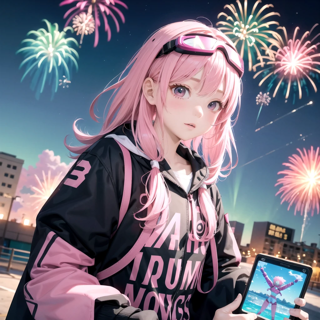 Pink haired elementary school student、vr goggles、Aurora、Humanoid Robot、Summer vacation、homework、hot summer、Drone in the sky、firework、