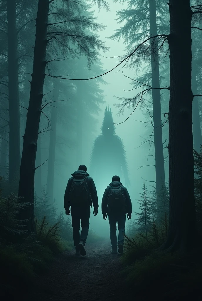 Generate movie poster of The two mens who went into the forest for adventure will either escape the supernatural happenings in the forest or not come out...
