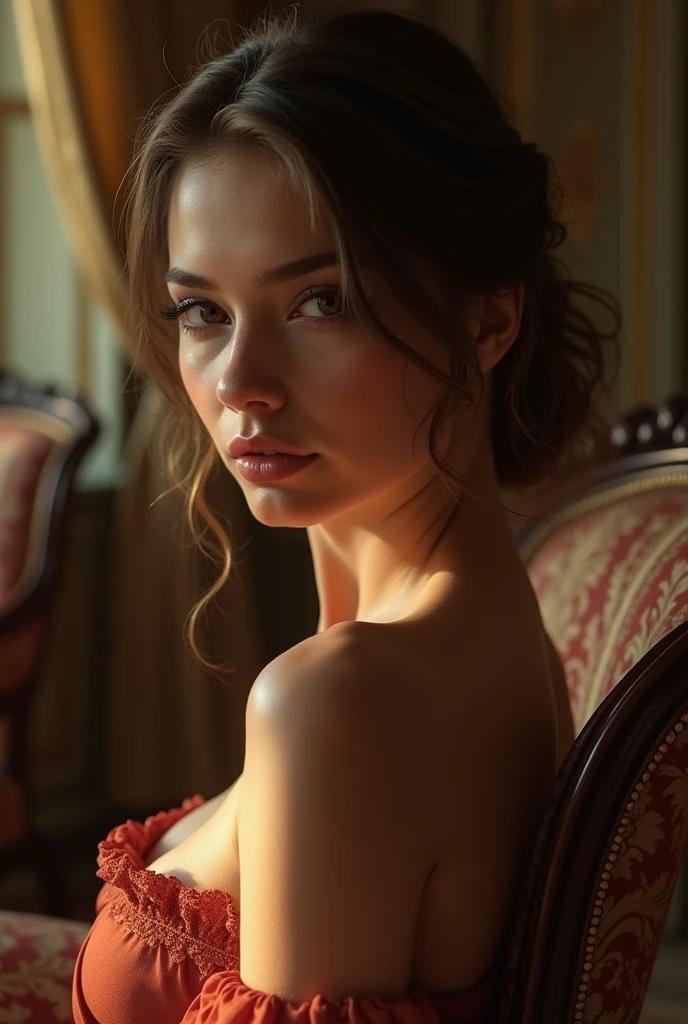 (Emilia Schüle), Masterpiece, (Highest Quality), ultra fine details, ultra high resolution, Realistic, Photorealistic, Best Aesthetic, Princess, (full nude), topless, medium breasts, undressed, sexy pose, bedroom in Palace of Versailles, lying in a bed, 20 years old, circa 1775, up hairstyle, (american shot), 8K, uhd, dslr