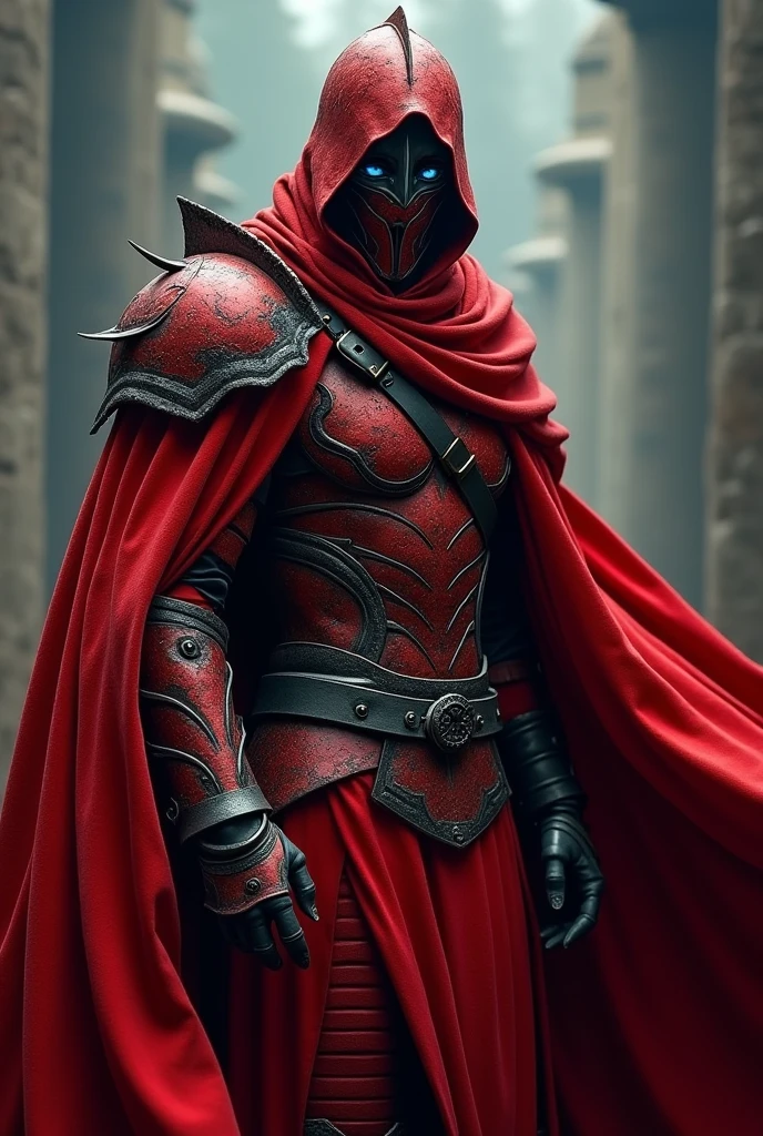 A man who is covered of red armor,wear metal helmet,wear a cape,has scary eyes