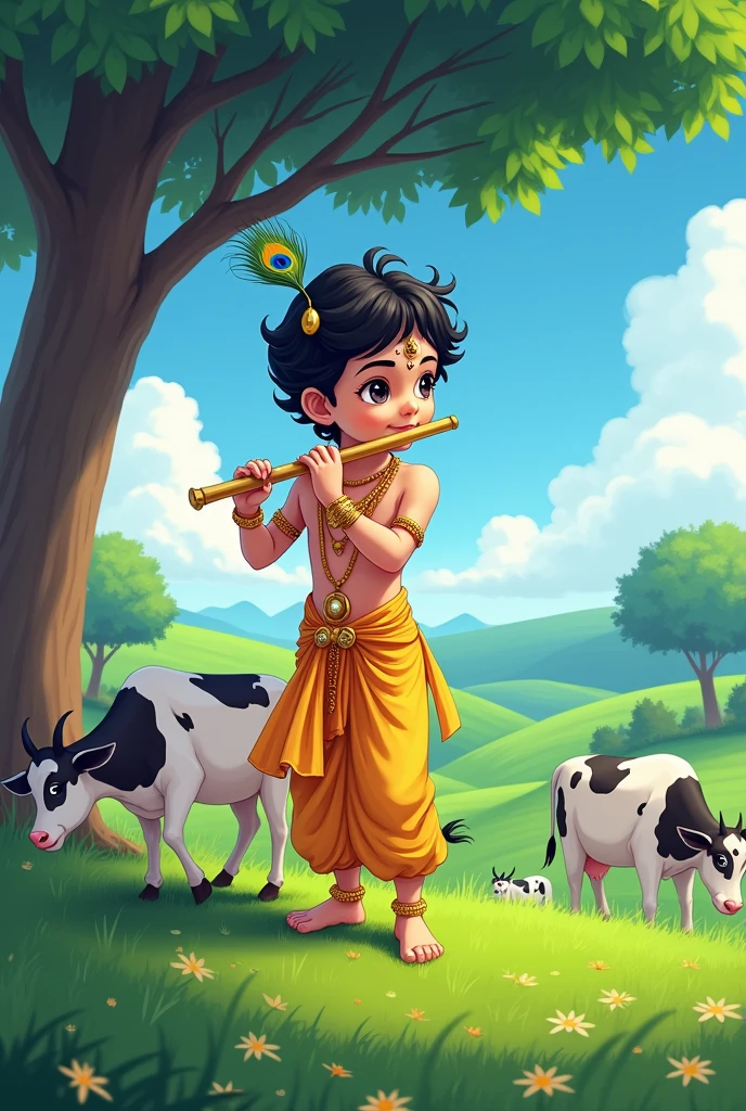 Create an anime-style image of young Lord Krishna, dressed in a yellow dhoti and peacock feather crown, playing a flute under a tree. Include anime-style cows and green fields in the backgrou cutest little Krishna