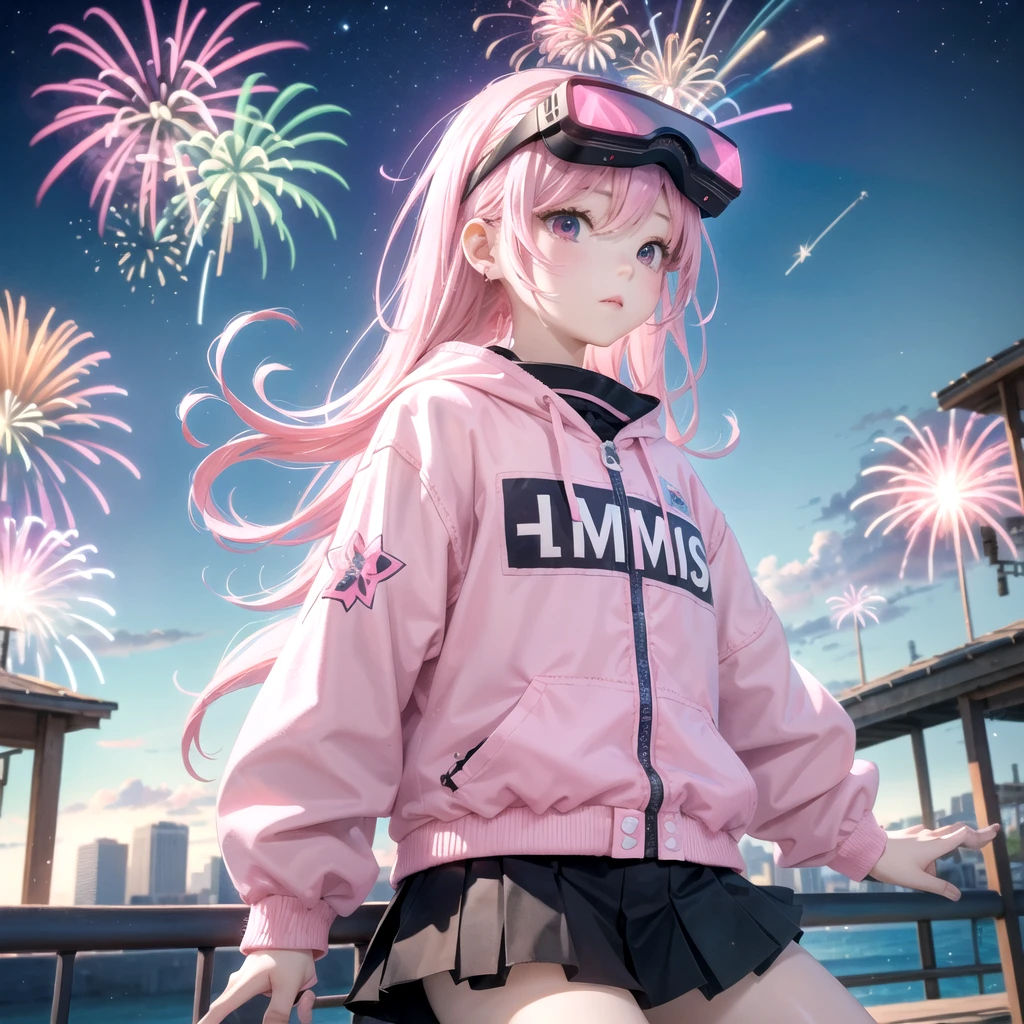 Pink haired elementary school student、vr goggles、Aurora、Humanoid Robot、Summer vacation、homework、hot summer、Drone in the sky、firework、