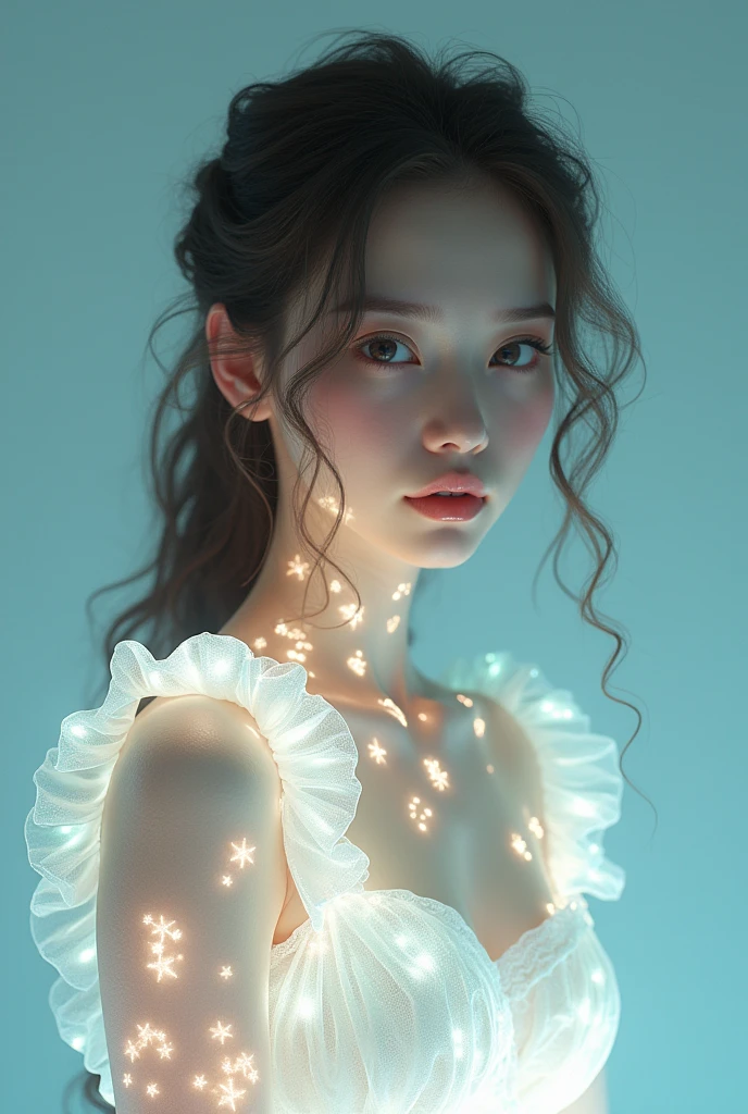 ((gem_Light elements)), (translucent luminous body_Wearing a white frilly shirt), (girl made of light: 1.2, long curly hairstyle，Exquisite facial features，light:1.3), (Minimalism: 0.5), (Frontal gaze close-up angle: 1.3), 4K, high dynamic range, Acid Graphics, Fantasy works, [Vivid facial details: 0.33], (White translucent glowing body and hair: 1.3), Shiny beautiful woman with silhouette, Understated elegance revealed... Steady、dignified atmosphere，Gives a subtle sense of luxury..... Gray smooth texture, fashionable pose, fluorescent, glow tattoo, 生物glow tattoo, glow pattern.
information

