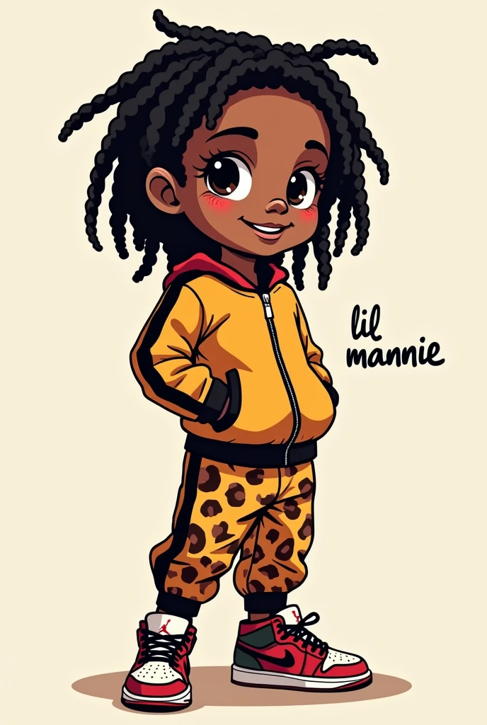 Logo written "LIL MANNIE" with 3 year old black boy with draid locks wearing cool tracksuit, air jordan shoes 