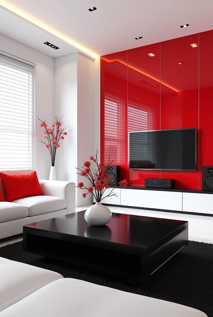 Create a realistic render of a modern living room with a bold red and white color scheme. The space features sleek white sofas with red accent pillows, positioned around a glossy black coffee table. The walls are a striking combination of bright white and vibrant red, with large, shiny red panels that add depth and contrast to the room. A flat-screen TV is mounted on the white wall, flanked by modern black speakers. The room is well-lit with recessed ceiling lights that highlight the clean lines and modern design, while a black area rug grounds the space. A small, white vase with minimalist red and white floral arrangements sits on the coffee table, adding a touch of elegance. Large windows with horizontal blinds allow natural light to filter in, enhancing the bright and airy feel of the room.