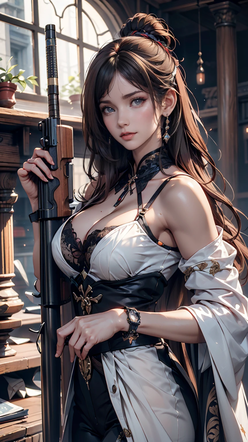 (Highest quality, 8k, masterpiece :1.3), Handsome woman with perfect figure and long hair :1.4, Zhongli, Zhongli, Dark brown hair, Swollen breasts, Genshin Impact, On the Ruins, In the hands of a gun, Highly detailed face and skin, Detailed eyes, double eyelid