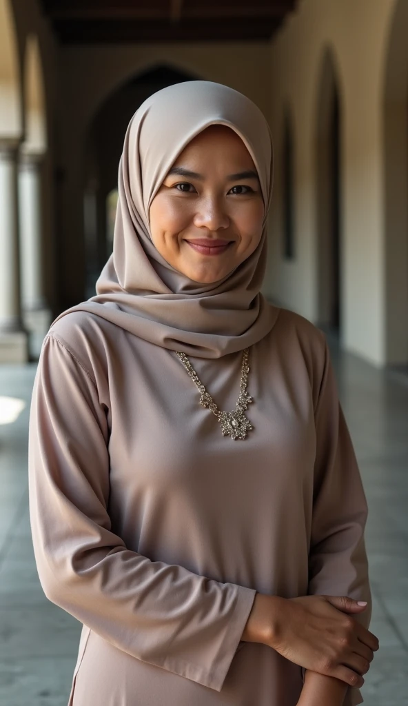 full body photo of a beautiful sundanese mature woman, slim body, face looking to camera, white skin, there is a mole between the eyebrows, wearing hijab, wearing elegant muslim clothes, Background mosque, 46 year old