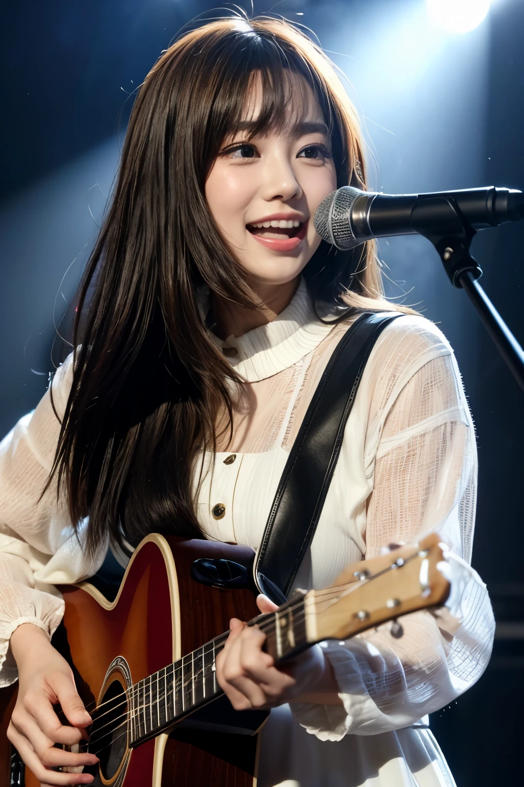 realistic, singing while playing the narrow electric guitar, the left hand is holding down the guitar strings, the right hand is strumming the guitar, short stature, on the stage of the concert, brightly lit by spotlights on the stage, extremely bright lighting, singing passionately, wearing gorgeous and shiny black costume, costume appropriate for Rock concert, short-length hi-blight bronde hair, hair is blowing in the wind, hair is shaggy and dishevelled, beautiful white-colored translucent skin, sweat splashes, slendar figure, heavy and vivid makeup, shaped nose, smooth shaped jawline, glossy face, heavy flushed cheeks, big smile, close up shot