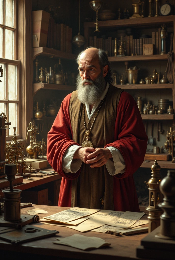 An inventor leonardo da vinci in 1400s with his inventions ina workshop