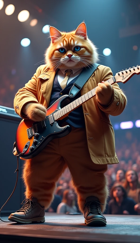 Make a picture of a fat obese orange cat, blue eyes, wear a cool uniform and tie, sport shoes, playing the electric guitar, facing the camera, with the backdrop of a magnificent concert stage, full body, Wide, super realistic 8k images