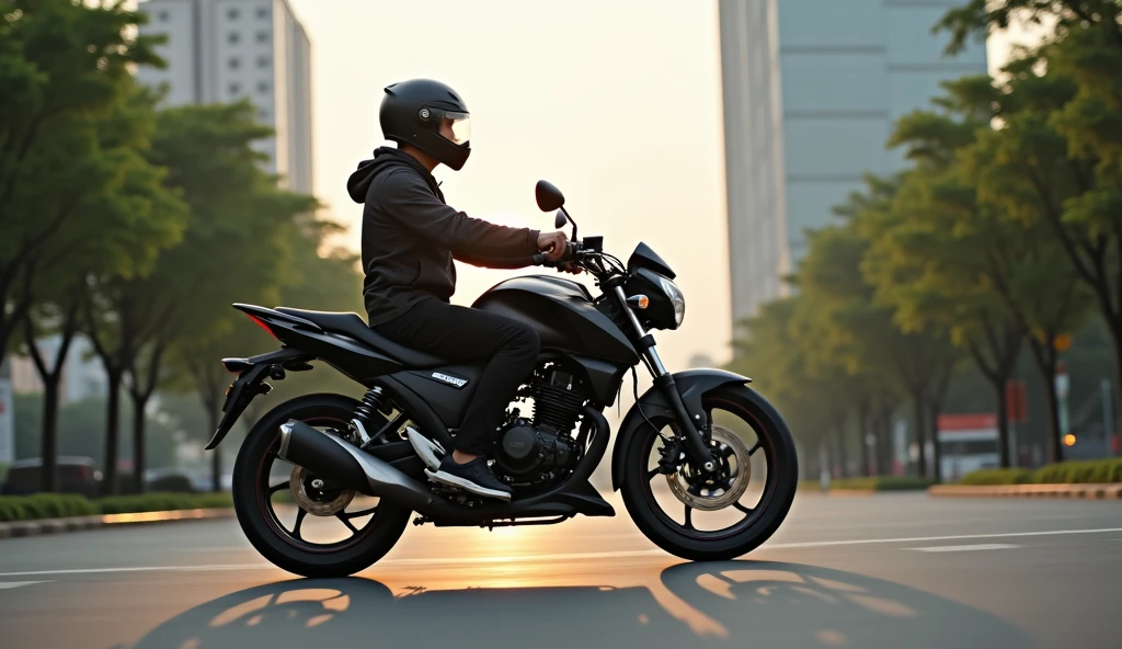A 20-year-old, thin, 1.80-meter-tall young man, with his black Honda CB1500cc motorcycle, wearing a complete black jacket with a sports helmet, begins his journey on the streets of Jakarta. The background shows tall buildings and several trees on the side of the road. The morning sun illuminates the road, giving a bright and energetic atmosphere.

His black Honda CB300cc motorcycle, is turned on, then slowly drives on the quiet road. The camera follows from the side, highlighting the motorcycle running smoothly on the asphalt.