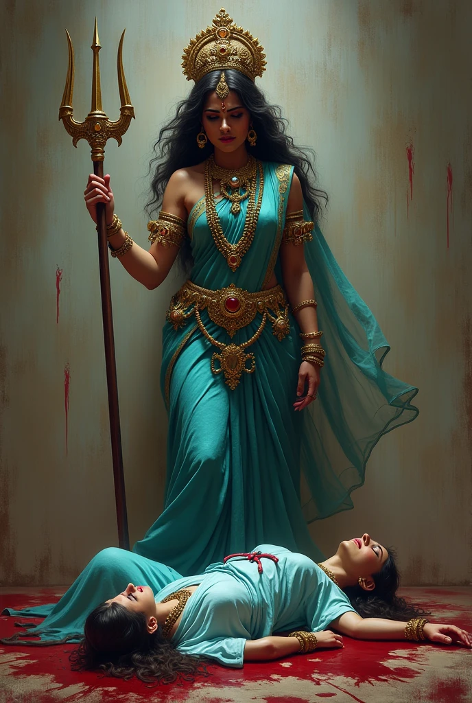 Indian female powerful god crying in front of a ded body of a raped lady doctor, female god's in one hand holding a big trishul, lady doctors have tears converted to blood, The lady doctor's clothes are torn all over, The lady doctor has blood all over her body, dark background, stethoscope and medicine everywhere, Blood everywhere.