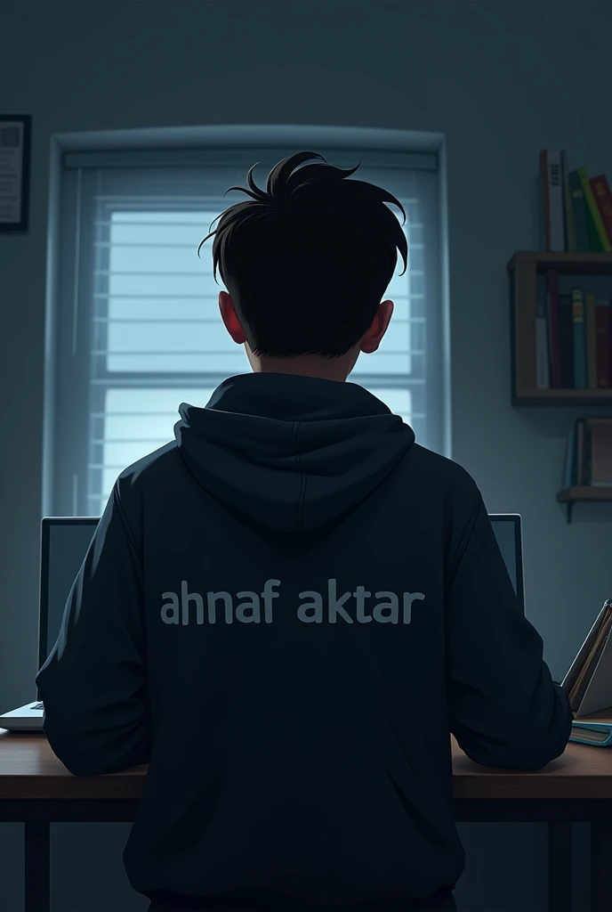 Create imagine of a boy working on a laptop, viewed from behind, wearing a jacket with the text "Ahnaf Aktar". The environment is dark, with a clean room and books on a shelf.the picture should be from the back the text should be from back.Dont use small letters at the beginning of any word
