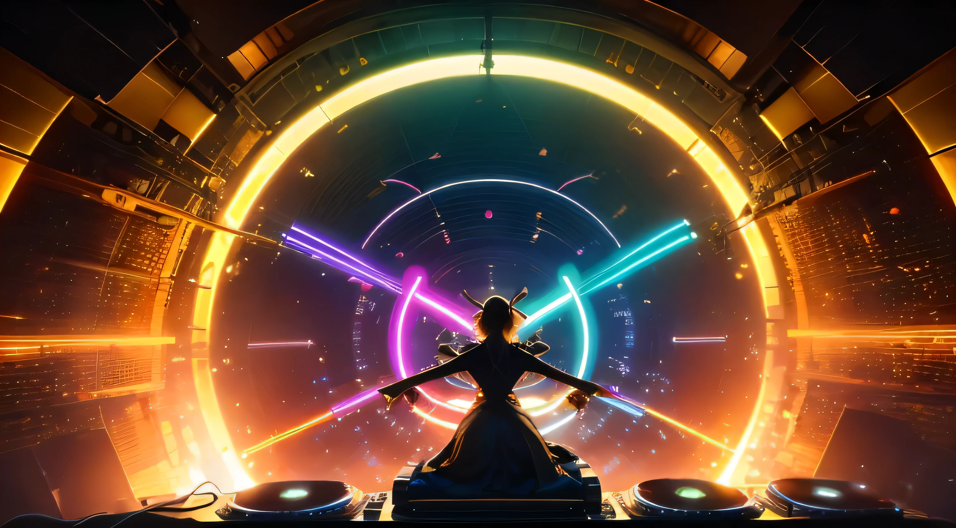 (master part:1.3),(Best Quality:1.2),8k,absurd,unidade 8k wallpapper,(extremely detailed:1.3),higher,
(1 girl:1.2),(Headphones on the head:1.1),(Neon light:1.1),millinery,pose dynamic,(by the floating:1.2),short hair,,(passionate:1.2),(dj:0.9),(psychedelic:1.2),pose dynamic,ELECTRIC WIRE,1 hand on own head,(beam of light:1.2),closed eyes,diaphragm,obfuscate,(music:1.2),cable,rays of god,(inside:1.2),laterally,(instrument:0.7),frantic,passionate,energetic,intense,electrifying,Exciting,dynamic,Exciting,Explosive,Agree,crew,The rays of light,,Neon light,