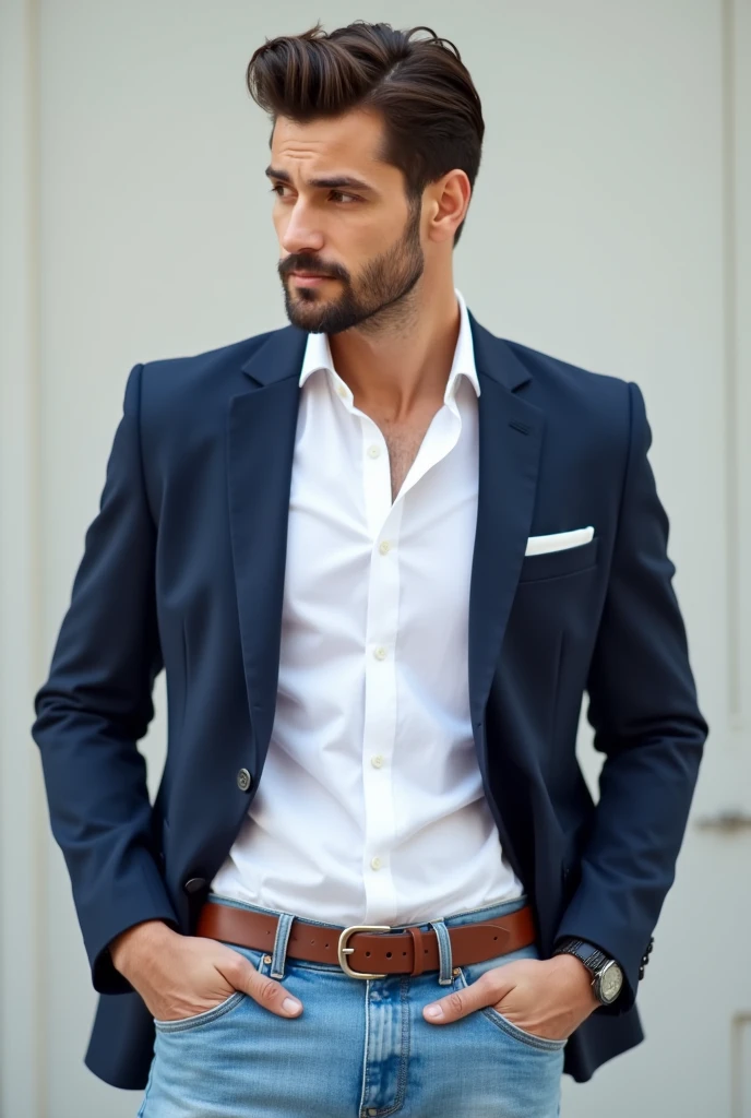 A man wearing white slim-fit shirt and light blue jeans add a navy blue blazer