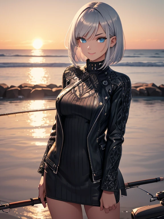 silver bob hair, scornful smile, (((beautiful))), black leather jacket, black knee high boots, Long sleeve, Open clothes, Ribbed sweater, (((Glowing Skin))), ((Intricate details)), High resolution, ((Intricate details, Ultra-detailed)), Cinematic shots, Vignette, gazing at the viewer, (((fishing))), sunset, beach