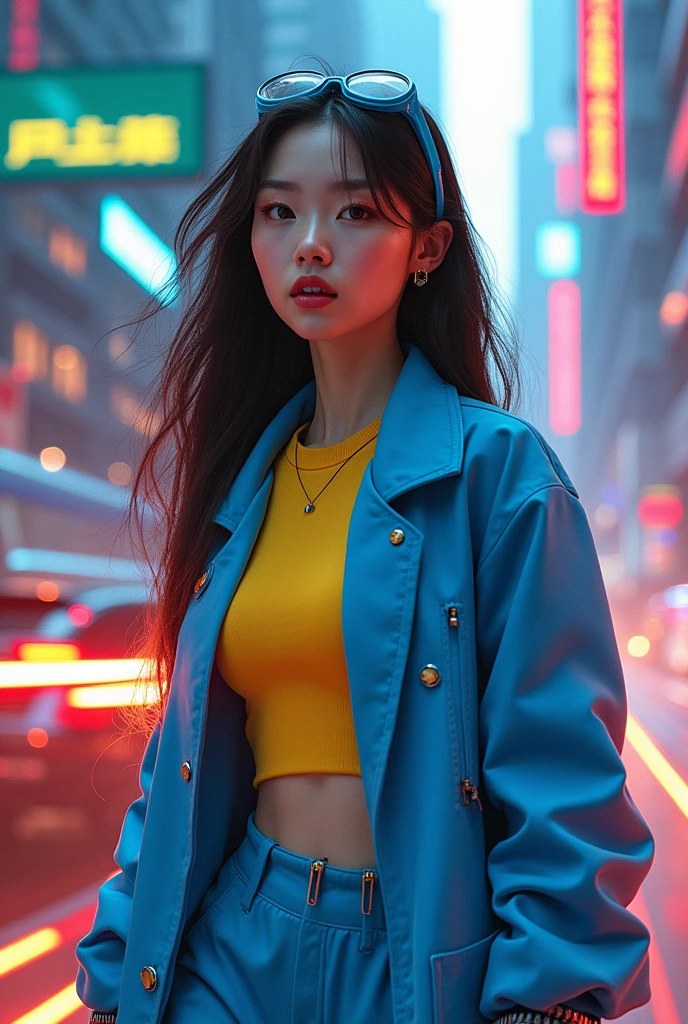 Chinese women average wear jumpa shuit high tech(( blue yellow)). Running effect. Glowing yellow power. Runfast effect. Wear blue big glasses big frame. Braces teeth. Boleh background. Panning effect. Yellow high tech watch. a beautiful young chinese women, , wearing a high-tech blue and yellow loose jumpsuit, photorealistic, detailed facial features, long hair, elegant pose, dynamic lighting, 8k, award-winning digital art, intricate details, vibrant colors, cinematic composition, highly detailed. light trail effect. speed of light. froze time effect. at the city.