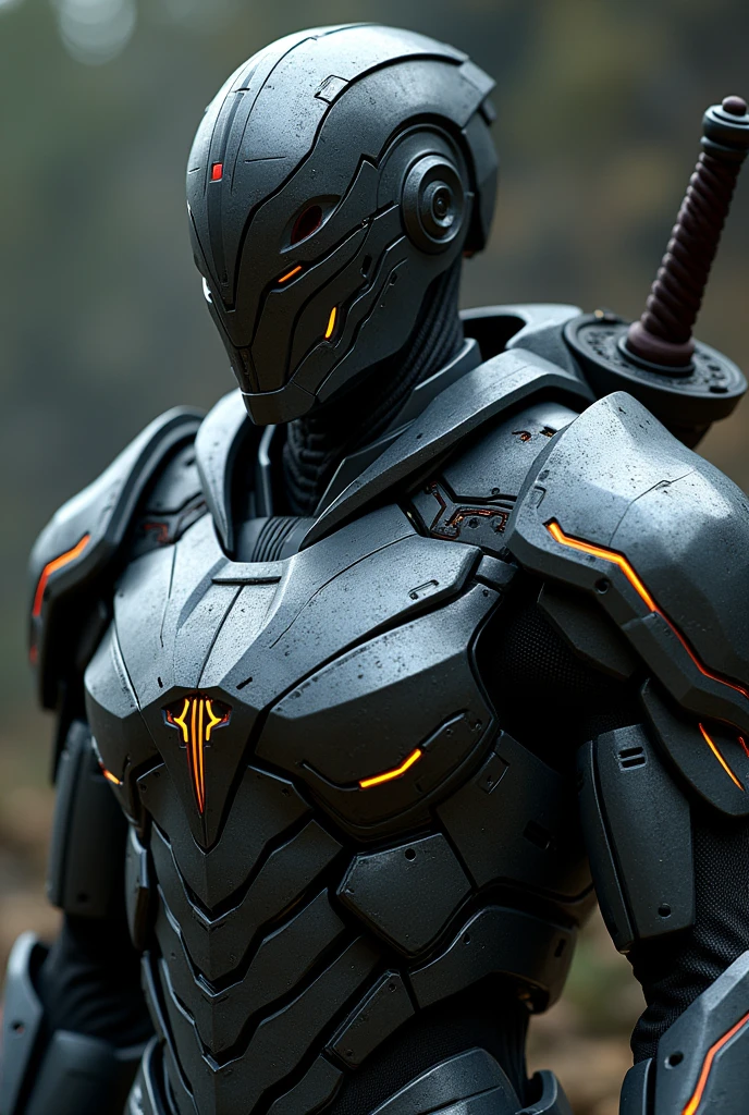 A close up of person with full body mecha armor and a sword on the back
