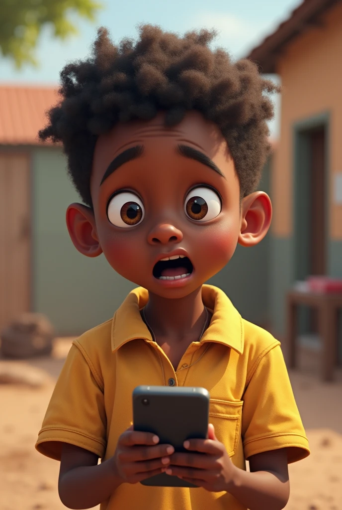a young Burkinabe schoolboy showing a very surprised expression in front of his phone