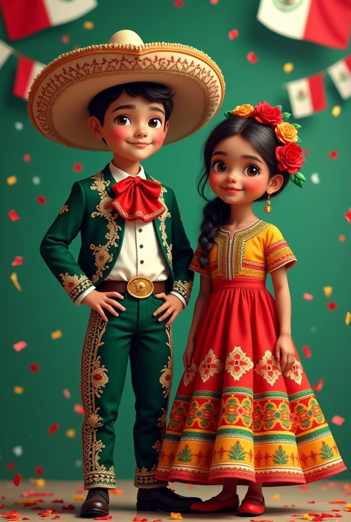 Childrens dressed in traditional Mexican Independence Day clothing, a boy of European descent in a classic charro suit, a girl of Afro-Mexican descent in a colorful dress with Jalisco floral motifs, standing against a green background adorned with Mexican flags and confetti, celebrating.