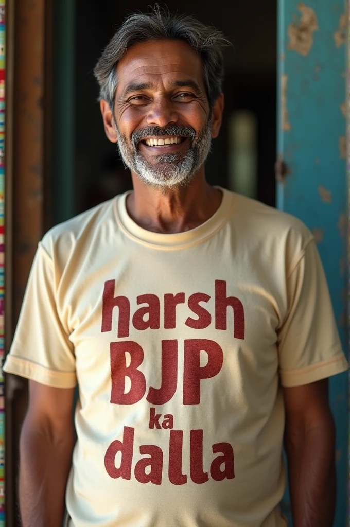 An indian smiling man wearing a t-shirt on which "Harsh BJP ka dalla" is written.