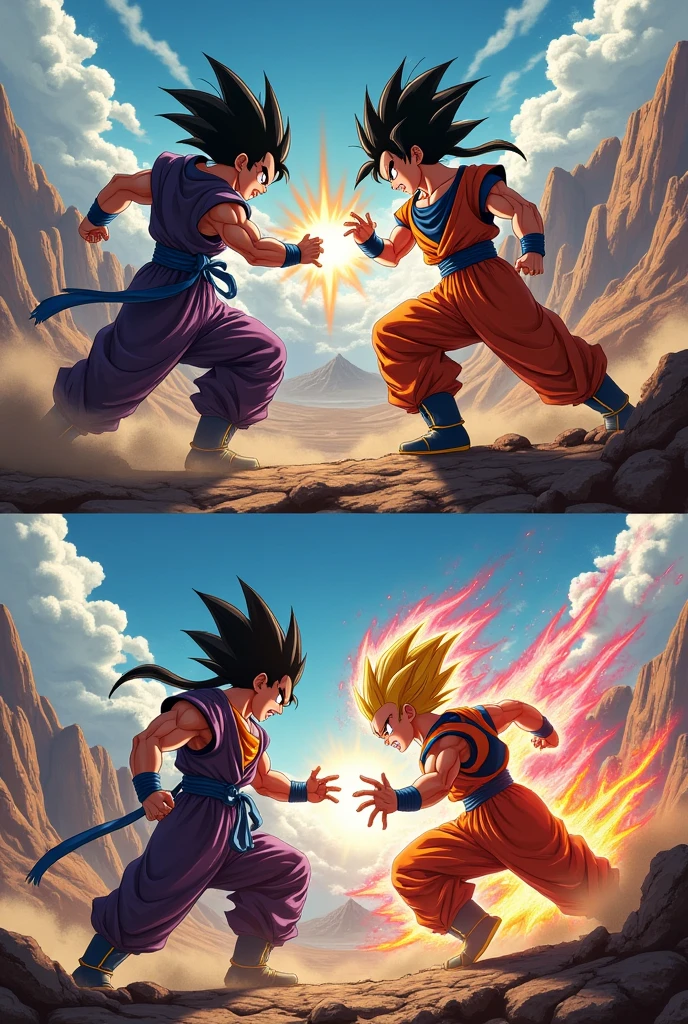 Create 2 images of dragon ball z with 10 difficult differences