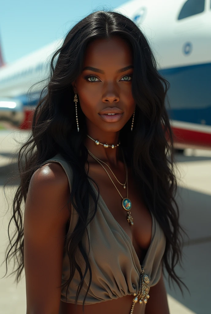 (photorealism: 1.2), sexy and hot black girl in a sexy dynamic pose. raw portrait photography, hyper realistic and detailed face, complex and realistic skin texture, hot body, athletic body, polynesian, blue eyes, long black hair. closed shirt and pants, jewelry on the handles, natural lighting, background in front of airbus