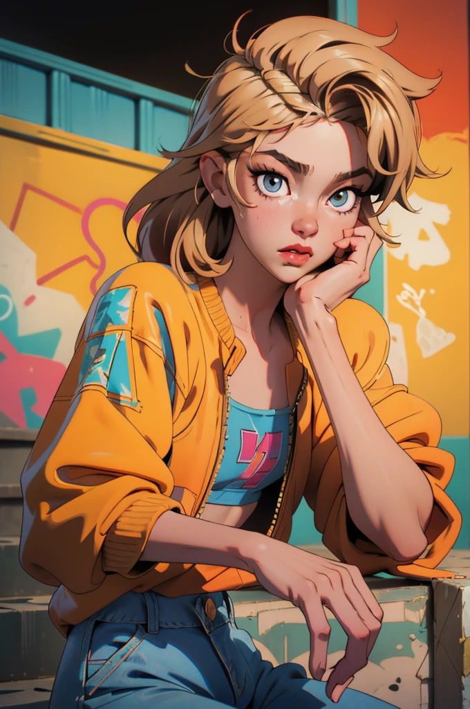 -yeld boAndrogynous appearance) with short wavy blonde hair, hazel eyes, flat chest, wearing a white tank top with a colorful print, hazel Bermuda shorts, posing sitting on a staircase with graffiti, upper body, concrete staircase background with graffiti in a skate park, palm trees, depth on field, Dutch angle, afternoon light, evening, sunset, los angles. Young face (detailed), beautiful outlined eyes, full lips (soft appearance), oval face. Medium length hair. Wide hips, slight physical definition.