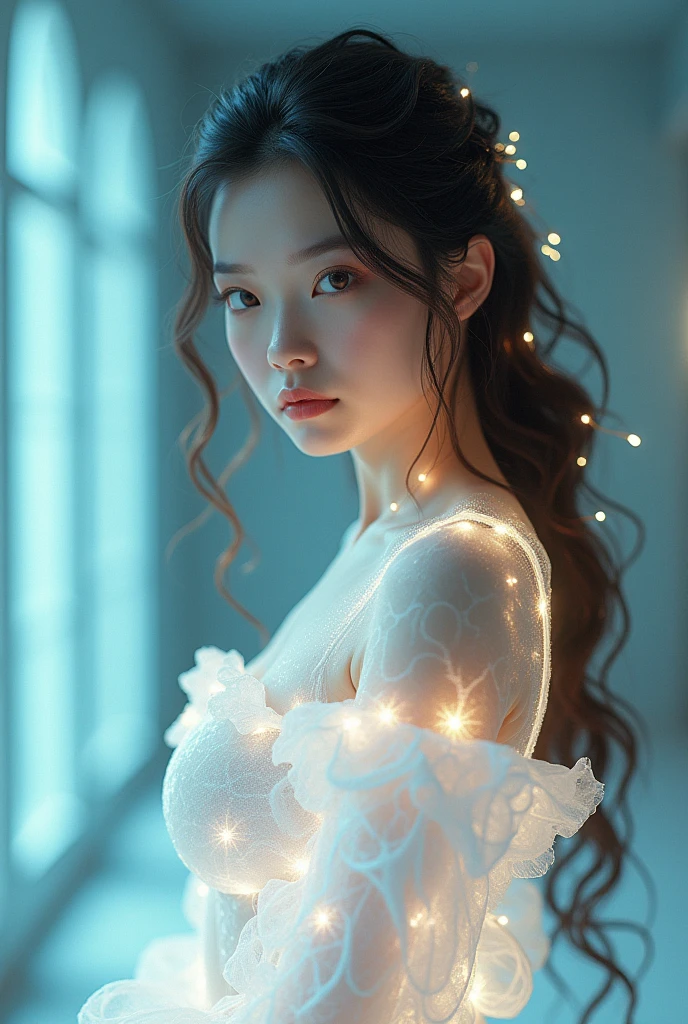 ((gem_Light elements)), (translucent luminous body_Wearing a white frilly shirt), (girl made of light: 1.2, long curly hairstyle，Exquisite facial features，light:1.3), (Minimalism: 0.5), (Frontal gaze close-up angle: 1.3), 4K, high dynamic range, Acid Graphics, Fantasy works, [Vivid facial details: 0.33], (White translucent glowing body and hair: 1.3), Shiny beautiful woman with silhouette, Understated elegance revealed... Steady、dignified atmosphere，Gives a subtle sense of luxury..... Gray smooth texture, fashionable pose, fluorescent, glow tattoo, 生物glow tattoo, glow pattern.
information
