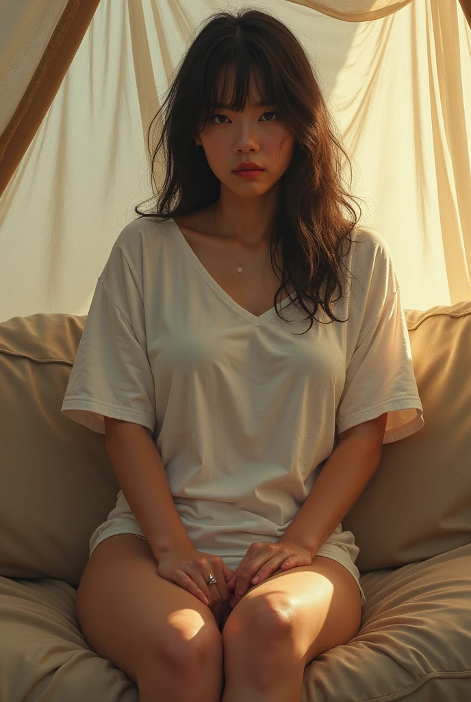 cumshot,a sexy japanese  woman  sitting on a couch in a tent,wearing white Oversized Faded T-Shirt, a hyperrealistic painting by Adrian Zingg, trending on Artstation, fantastic realism, powerful and huge, mia khalifa, exaggeratedly large physique, jaw dropping beauty, voluptuous and arousing, in the countryside, muscular girl, an extremely high quality hd, giant stunning goddess shot