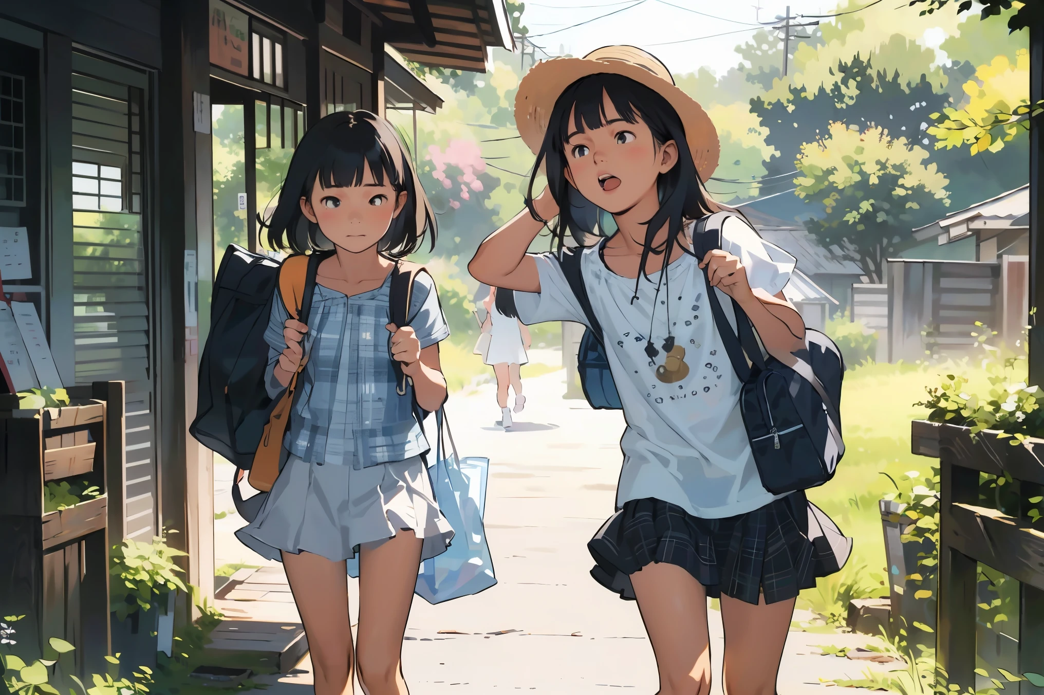 masterpiece, Highest quality,plural, Three Girls, (countrysideのローカル線の無人駅のホームで)、bicycle、Black Hair, short hair、Long Hair, Hair ties, hair band, hair ornaments, Straw hat、Shorts, skirt、dappled daylight、Outdoor, nature, wood々、 Grassland、countryside、Suburban、