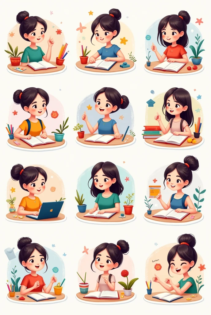 show me cute sticker 12 image about study. with beautiful cute girl. in one page 12 image. with some study item