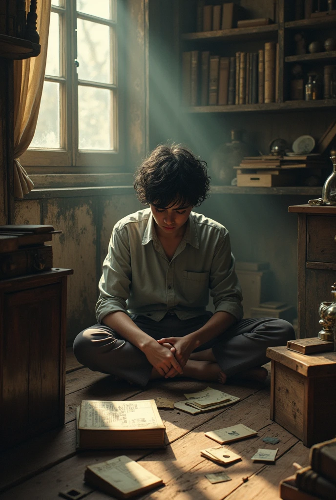 The protagonist surrounded by old objects and memories, in a space dominated by nostalgia