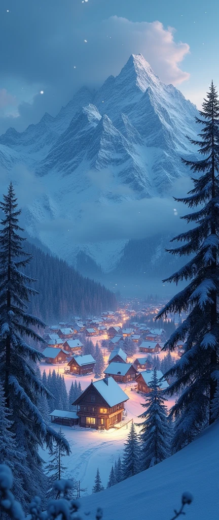 BREAK (masterpiece:1.2), best quality, high resolution, unity 8k wallpaper, (illustration:0.8), (beautiful detailed eyes:1.6), extremely detailed, perfect lighting, extremely detailed CG, forest, snow rain, village, mountains, lights, solo, empty scenery, night, no humana