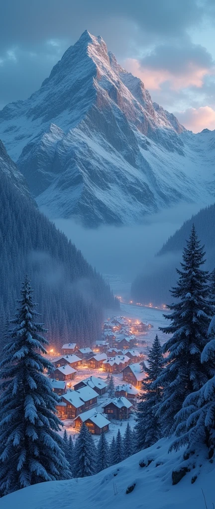 BREAK (masterpiece:1.2), best quality, high resolution, unity 8k wallpaper, (illustration:0.8), (beautiful detailed eyes:1.6), extremely detailed, perfect lighting, extremely detailed CG, forest, snow rain, village, mountains, lights, solo, empty scenery, night, no humana
