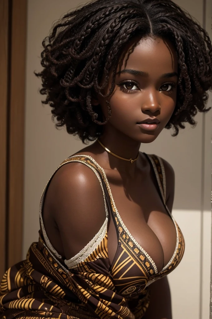 cute hair, chocolate skin, teenager, beautiful face, deep ebony, showing big breasts, SFW, African