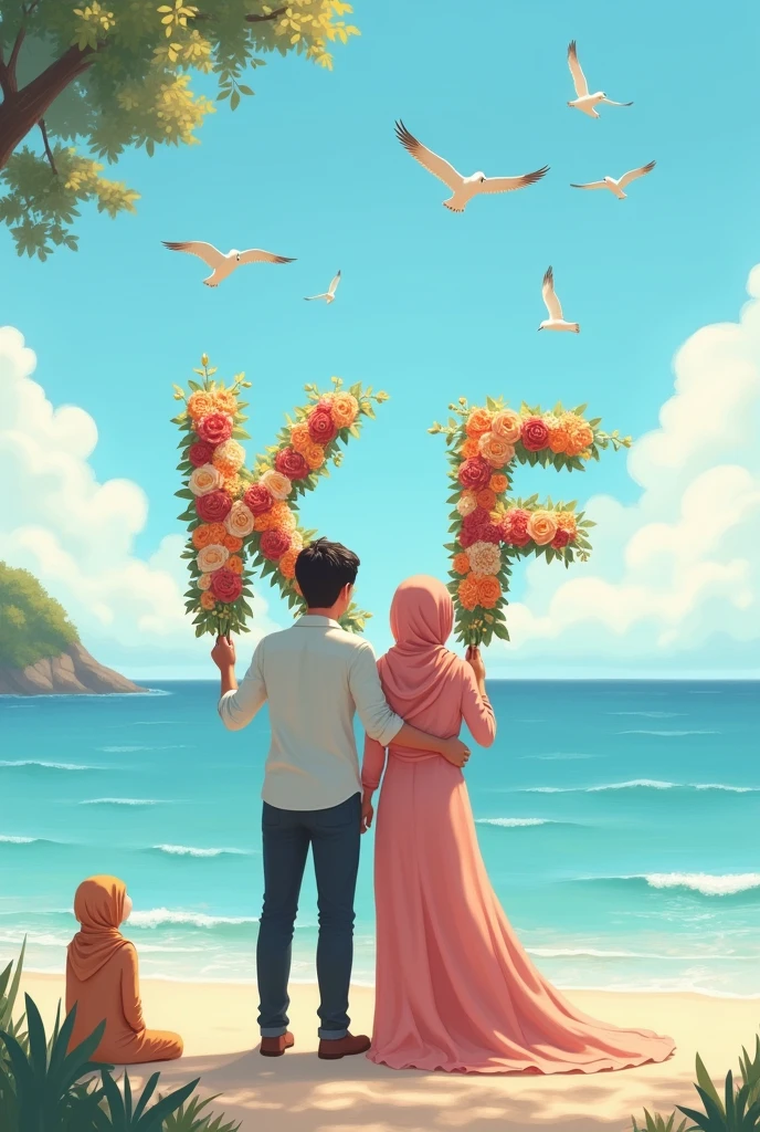 Couples holding letters k and f on top oh their head written by flowers at beach show their back and girl with hijab sitting birds at sky