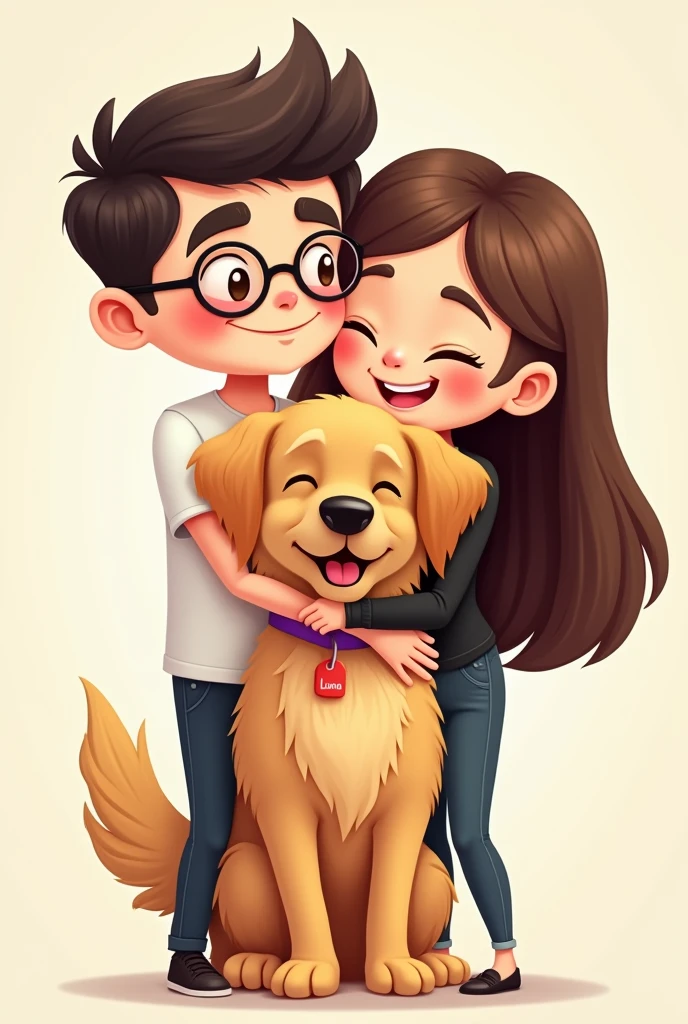 I want to create a happy couple with a golden retriever dog like a cute cartoon. The physical details of the boy are a skinny boy., high, with glasses and pronounced eyebrows who always wears a black watch Medium-sized eyes looking at the dog He usually dresses in black jeans and a white short-sleeved shirt He has his hair well combed WITH GLASSES The physical details of the girl are a girl with long straight hair without waves brown hair , slim body pretty, She has almond-shaped eyes, small slanted eyes. The clothes she almost always wears are a black top and jeans. The dog is a golden retriever, very lively and happy with a purple collar and a red tag that says Luna. The couple hugging the dog with their eyes both closed.