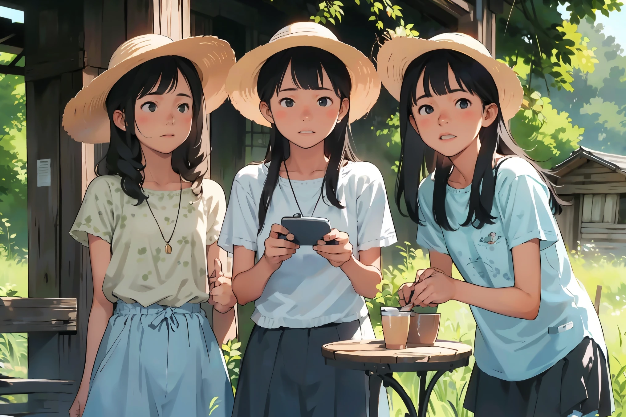 masterpiece, Highest quality,plural, Three Girls, (countrysideのローカル線の無人駅のホームで)、bicycle、Black Hair, short hair、Long Hair, Hair ties, hair band, hair ornaments, Straw hat、Shorts, skirt、dappled daylight、Outdoor, nature, wood々、 Grassland、countryside、Suburban、