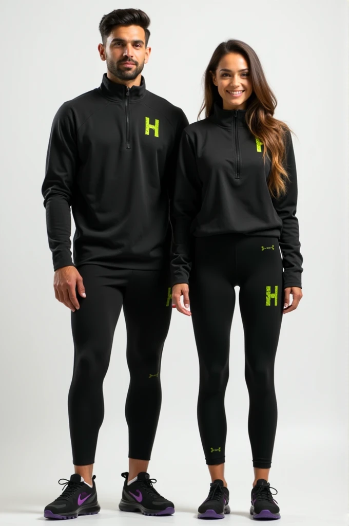 General image of a man and woman wearing black long-sleeved sports outfits and leggings with a lemon green H logo