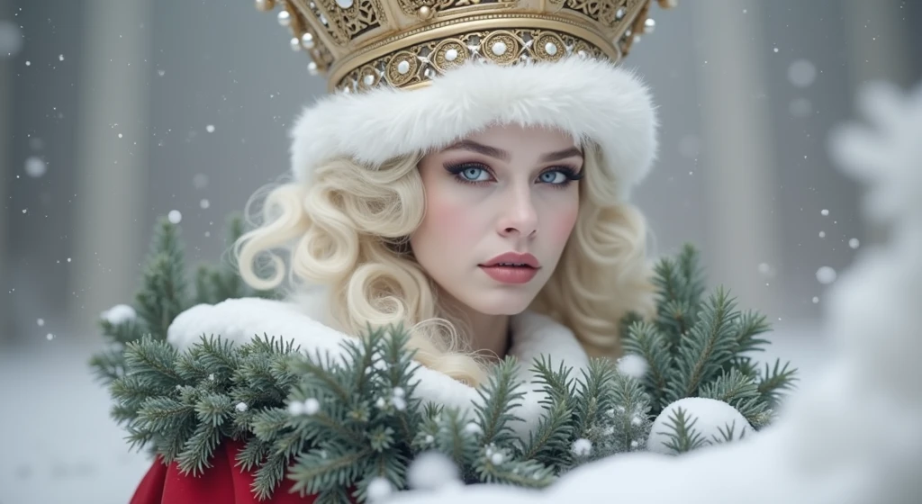 a beautiful portrait of empress, hair blonde, perfect blue  eyes, with a brilliant, impossible to reach the big Christmas helmet, Santa Claus clothes, everything christmas, neve, Symmetrical, dramatic studio lighting, Rococo, Baroque, greens, Asian, Hyper-Realism, close up, d&d, fancy, intrikate, chic, highy detailed, digitalpainting, art station, octane rendering, 8k, conceptual artwork, mattey, sharp focus