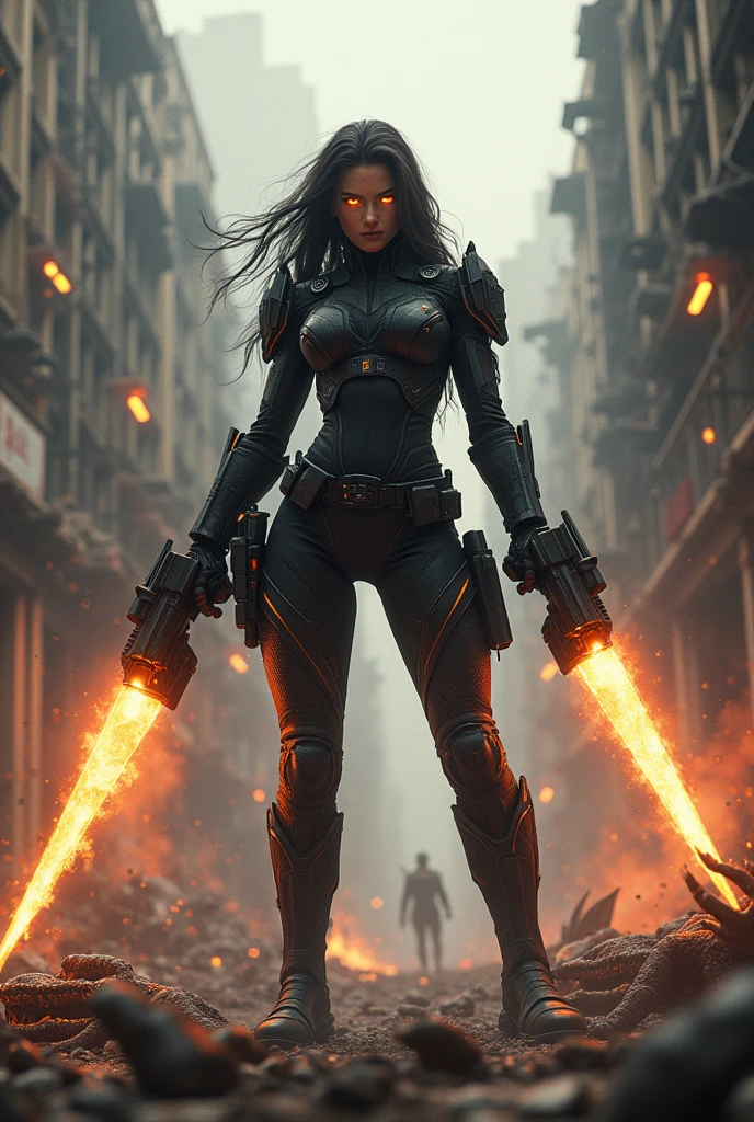 "Amidst a ravaged cityscape, a fierce woman clad in a black tactical suit, armed with dual massive guns that blaze with fiery energy, stands victorious over a defeated horde of dark fantasy creatures, her guns smoking, her eyes blazing with intensity, as a dragon's lies at her feet, its scales shattered, its wings torn, and a swarm of defeated demonic minions scatter around her."