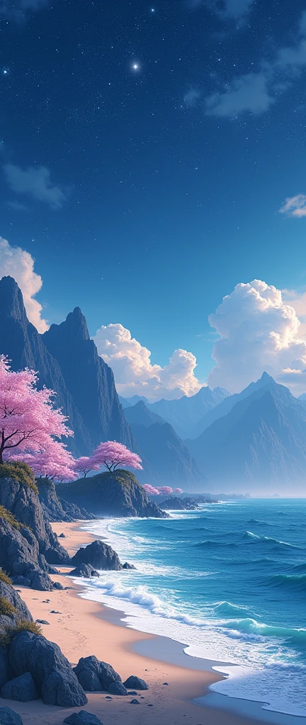 BREAK (masterpiece:1.2), best quality, high resolution, unity 8k wallpaper, (illustration:0.8), (beautiful detailed eyes:1.6), extremely detailed, perfect lighting, extremely detailed CG, Beach, mountains, Sakuras, sea, shining stars, solo, empty scenery, night, no humana