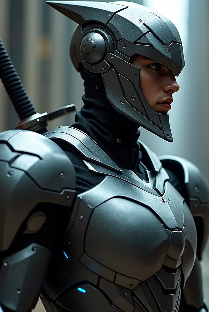 A close up of person with full body mecha armor and a sword on the back