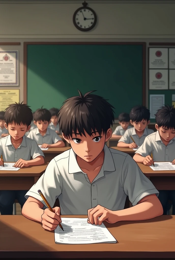 I want a picture depicting a senior boy writing his examination with his classmates for my picture composition project