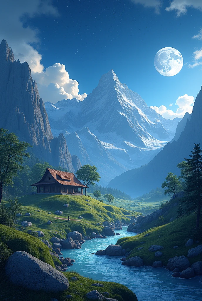EbonyGoldAI masterpiece, best quality, high quality, High resolution, (((beautiful detailed sky))), grandeur, Hut, grand(Gorgeous, splendid), sight(view), great spectacle, HD, ((The best shadow)), actual, nature, landscape, cloud, Mountain, Grass, rock, HILL, cliff, tree, sidewalk, background only, Night Sky, moonlight, ((Super detailed)), (Best illustration), ((extremely delicate and beautiful)), Dynamic angle, river, trace, bench, 最high quality的圖像質量, quiet, Far_away