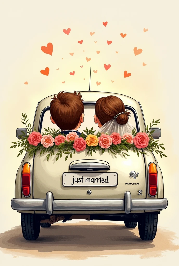 A drawn picture. Bride and groom sitting in a wedding car. Bride and groom have brown hair. You can see them through the rear window of the car. The car is a Peugeot with Peugeot logo and decorated with flowers. The license plate says “just married”
