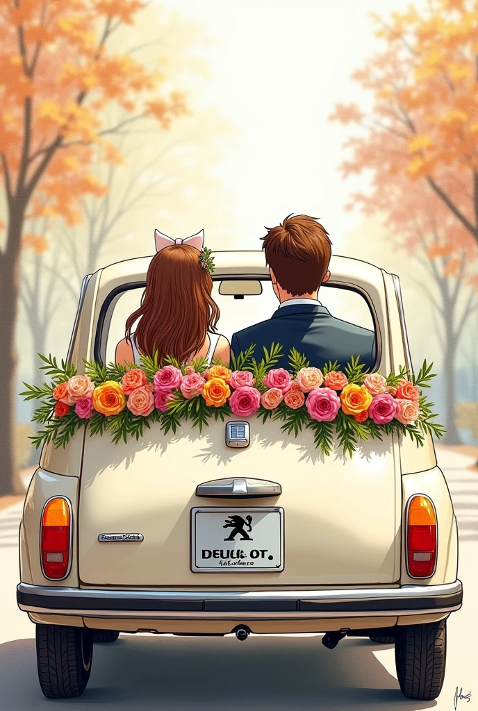 A drawn picture. Bride and groom sitting in a wedding car. Bride and groom have brown hair. You can see them through the rear window of the car. The car is a Peugeot with Peugeot logo and decorated with flowers. The license plate says “just married”