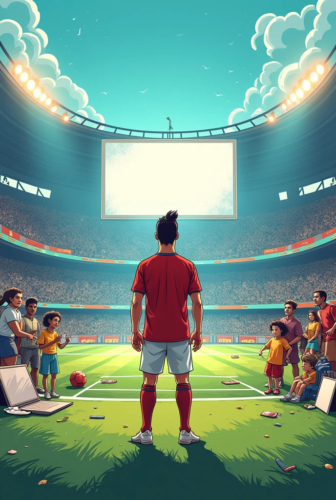Cartoon Illustration showing Cristiano Ronaldo in the middle of a football field, but the field is starting to transform into a digital creative space filled with visual inspiration.: large monitor screen, alat-alat seni, dan elemen-elemen budaya global, shows the transition from athlete to content creator.